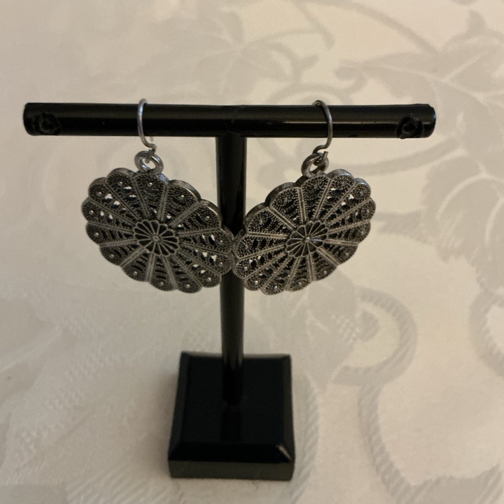 Medallion Antique Silver Tone Hoop Earrings